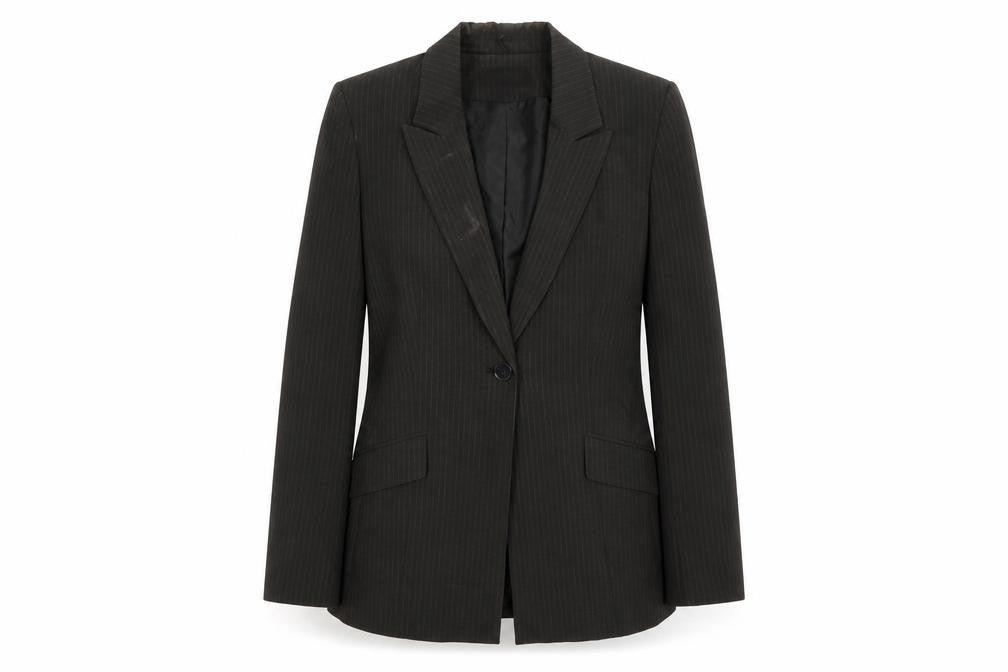 Front view of Le Suit women’s black striped jacket suit jacket, size UK 10