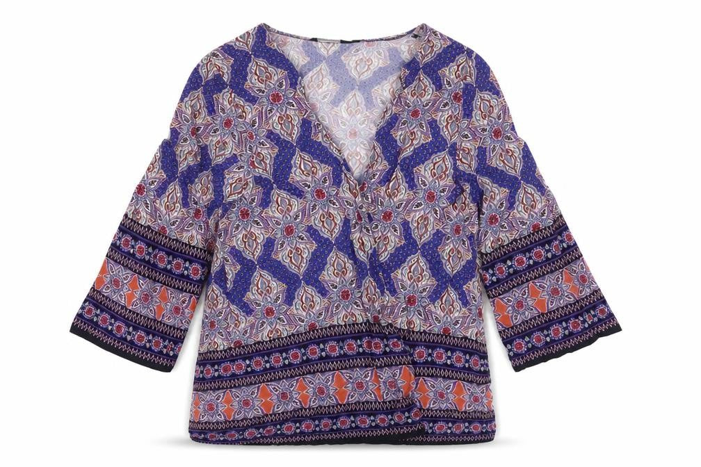 Front view of New Look women’s multicoloured geometric wrap blouse, size UK 8