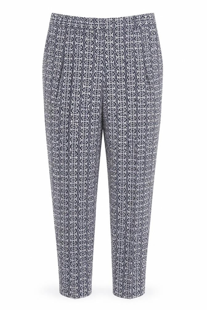 Front view of Katherine Barclay women’s multicoloured geometric dress pants trousers, size UK 6