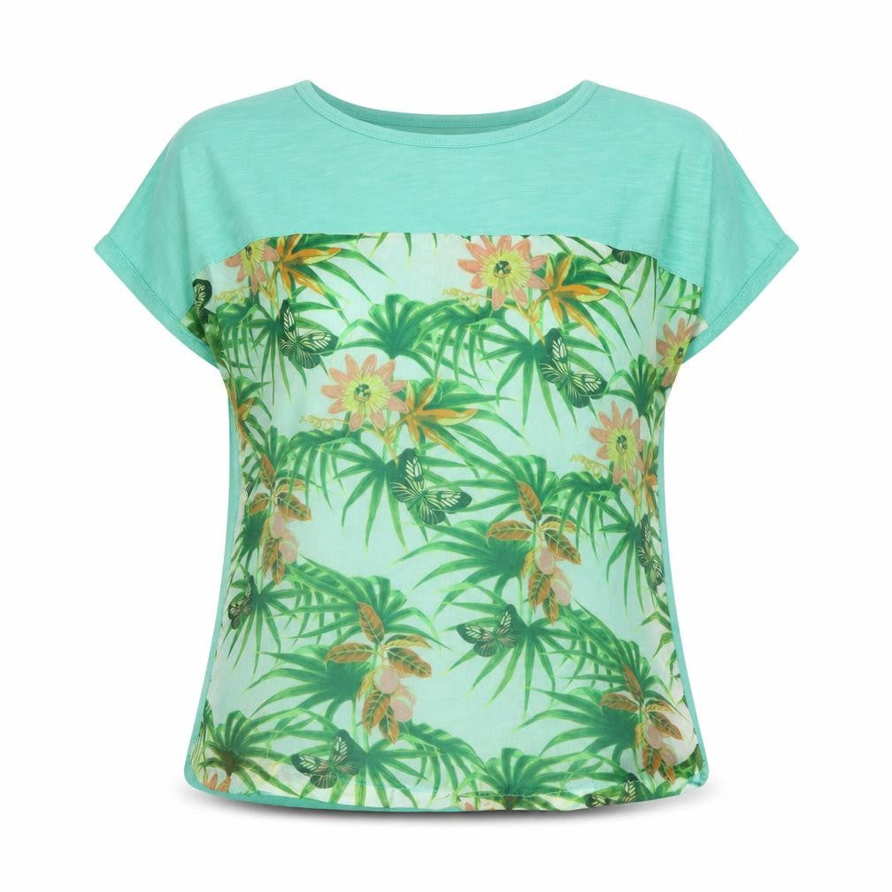 Front view of Tifosi women’s green floral basic t-shirt, size UK 12