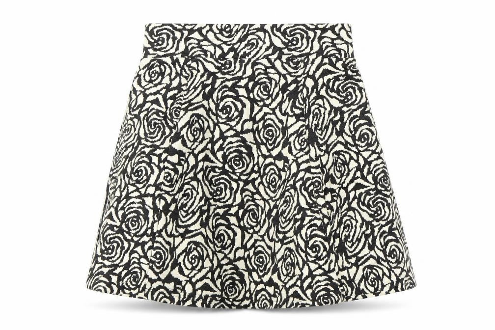 Front view of H&M women’s white floral a-line skirt, size UK 8