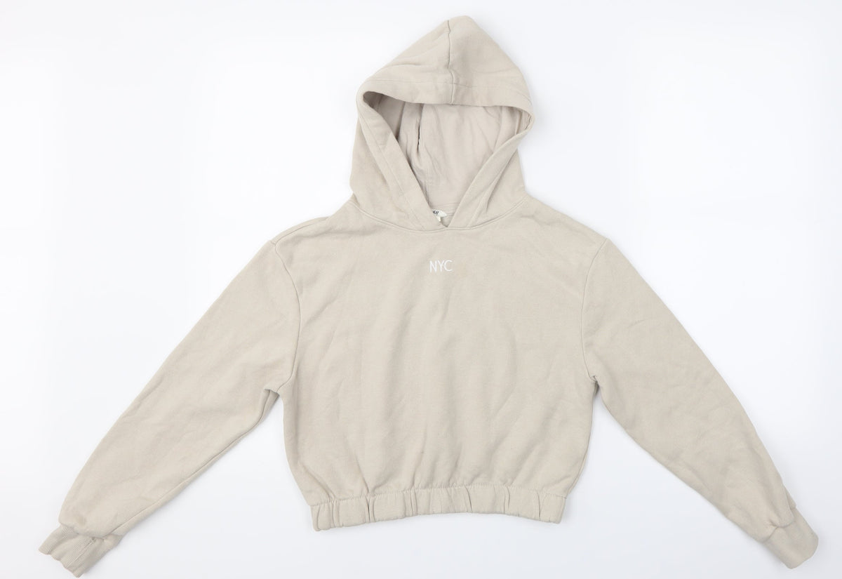 Front view of H&M girls’ beige pullover hoodie, size 10-11, years