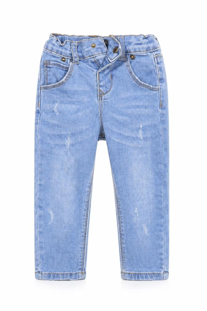 Front view of Denim & Co. boys’ blue denim cargo jeans, size 12-18, months