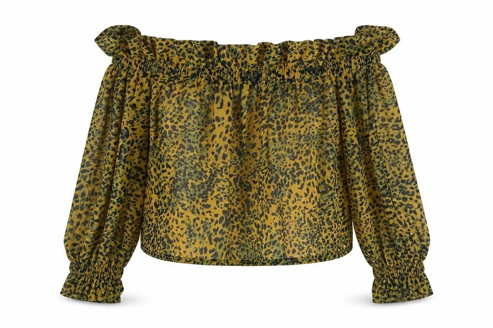 Front view of sacred hawk women’s orange animal print cropped blouse, size S