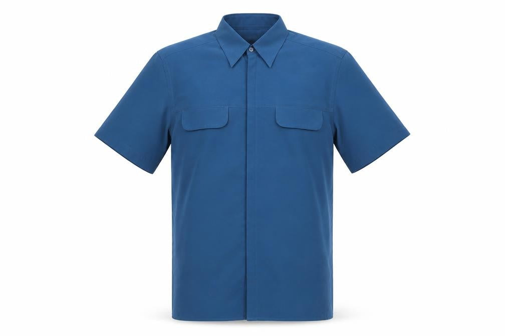 Front view of Jonathan Adams men’s blue button-up, size S