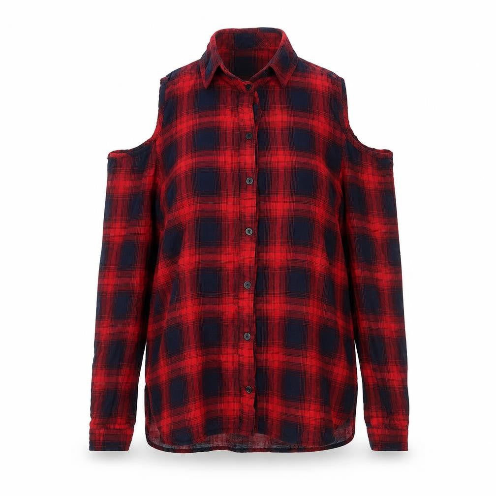 Front view of Cherry Koko women’s red check basic button-up, size S