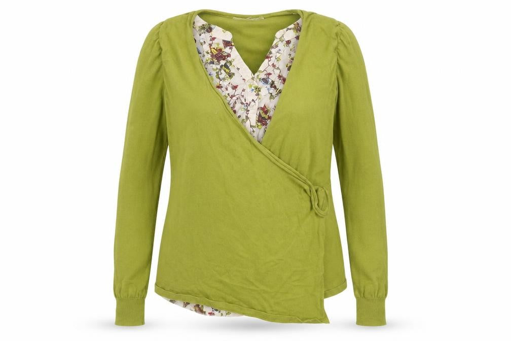 Front view of Next women’s green floral cardigan jumper, size UK 8, - cardigan and top all in one