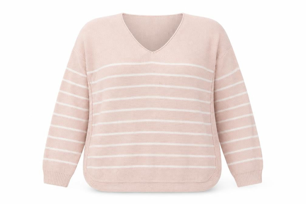 Front view of Capsual women’s pink striped jumper, size UK 12