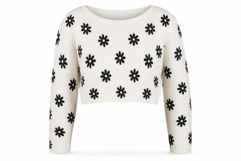 Front view of H&M women’s beige floral knit jumper, size M