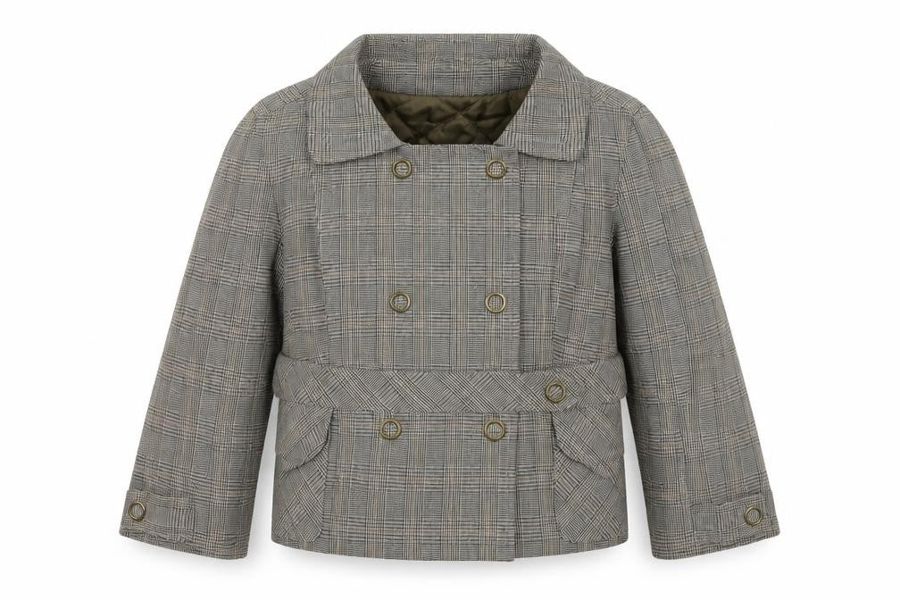 Front view of Moto women’s grey check knit jacket, size UK 10