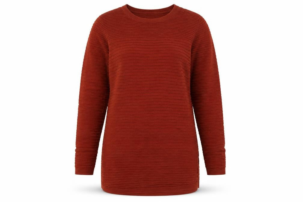 Front view of frequent women’s brown striped knit jumper, size M