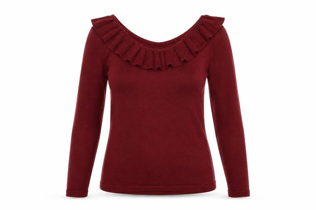 Front view of Boohoo women’s red cardigan jumper, size UK 10