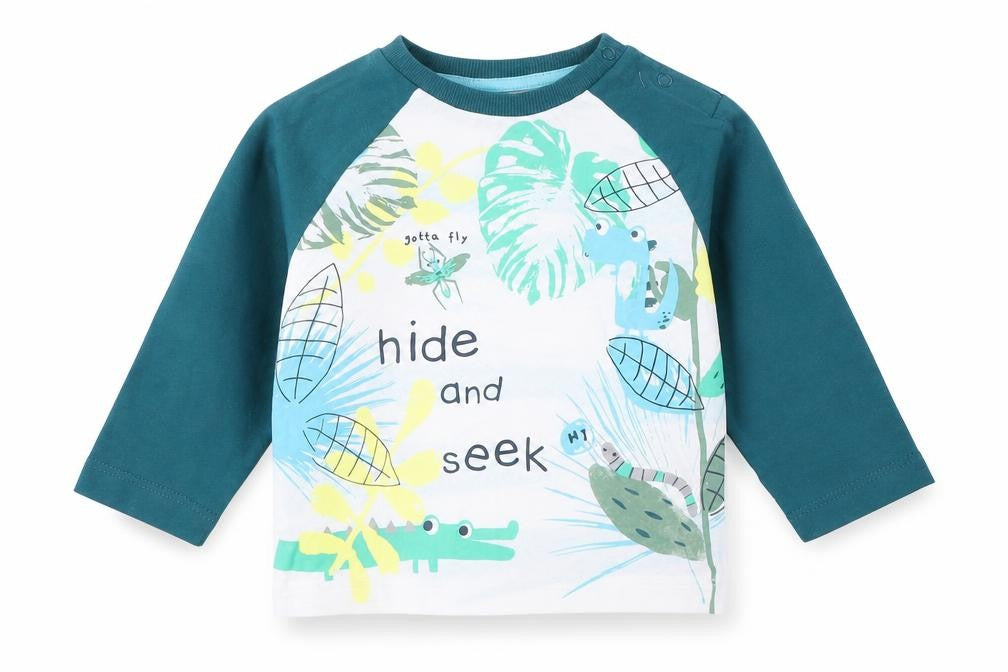 Front view of Nutmeg boys’ green basic t-shirt, size 6-9, months - graphic