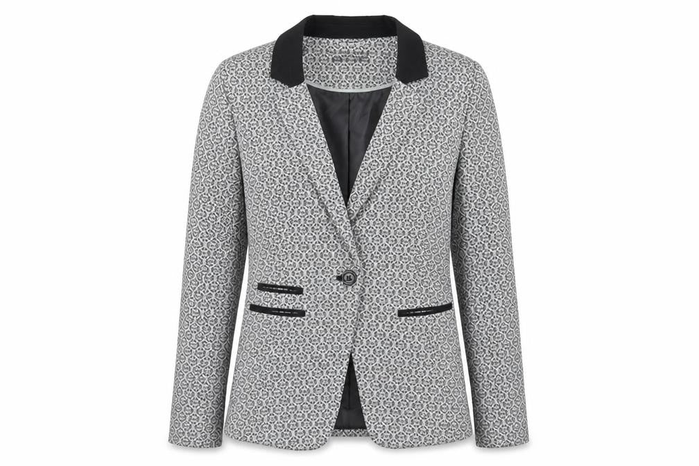 Front view of Dorothy Perkins women’s silver geometric jacket suit jacket, size UK 8