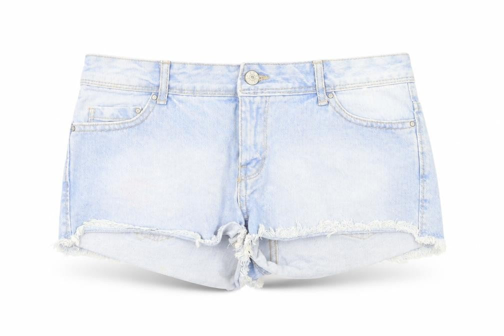 Front view of Denim & Co. women’s blue hot pants shorts, size UK 8