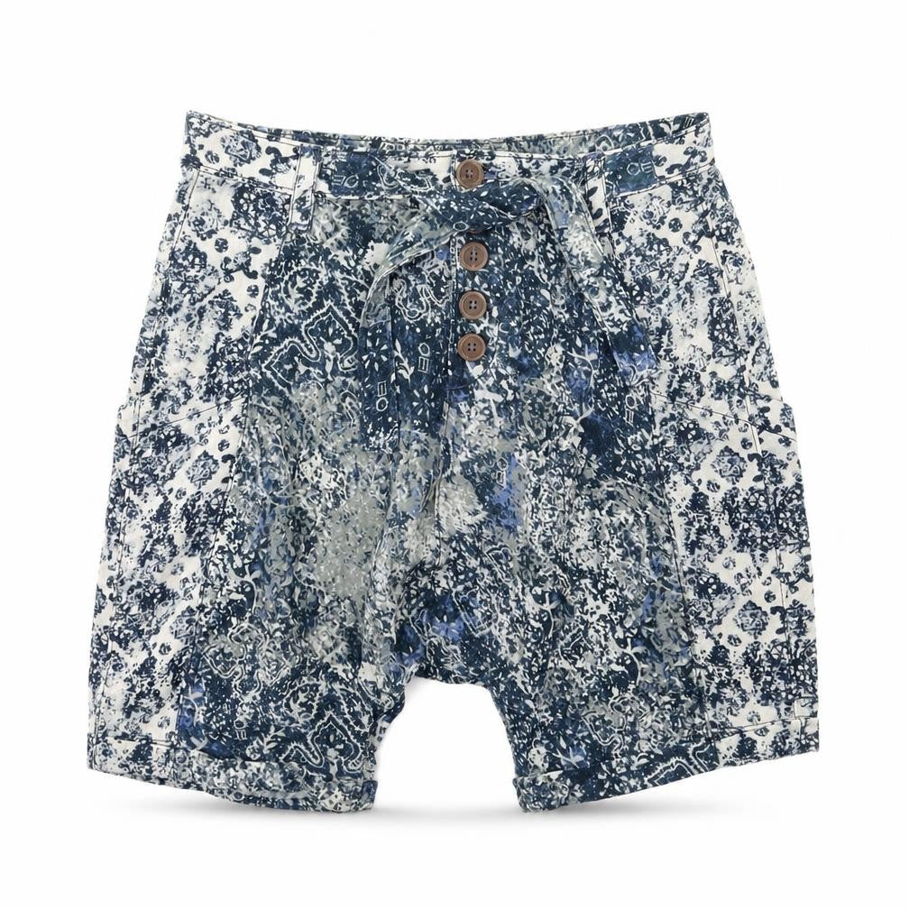 Front view of Five people women’s blue floral paperbag shorts, size UK 4