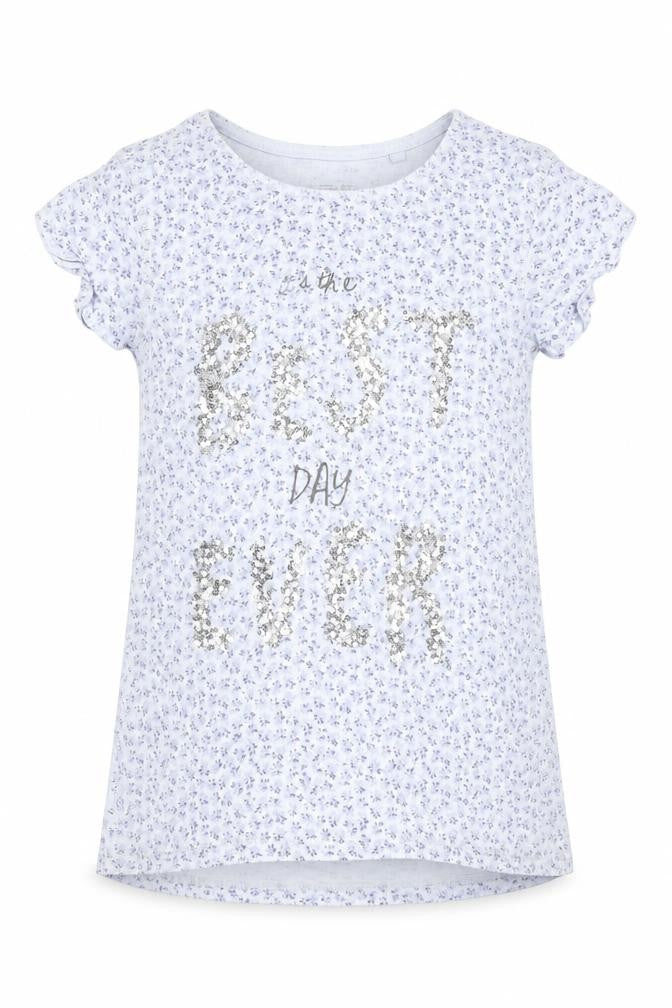 Front view of Next girls’ blue floral basic t-shirt, size 9, years
