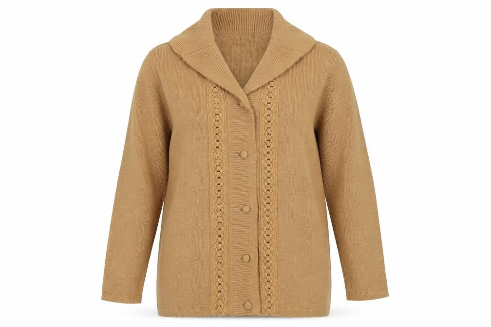 Front view of Pride and glen women’s brown cardigan jumper, size UK 6