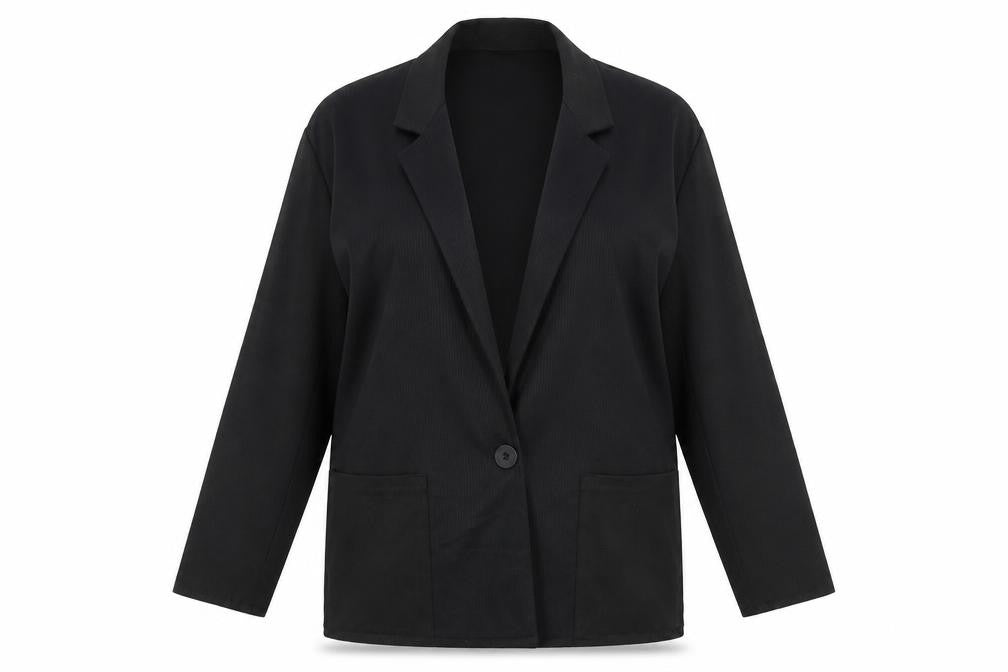 Front view of Preworn women’s black jacket blazer, size UK 12