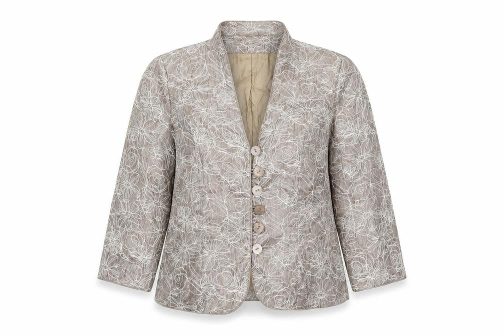 Front view of Country Casuals women’s beige floral jacket suit jacket, size UK 12