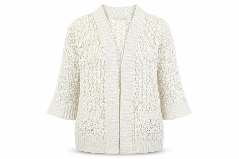 Front view of Internacionale women’s beige cardigan jumper, size UK 16, - open knit