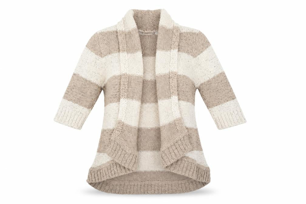 Front view of lucy & laurel women’s beige striped cardigan jumper, size UK 14