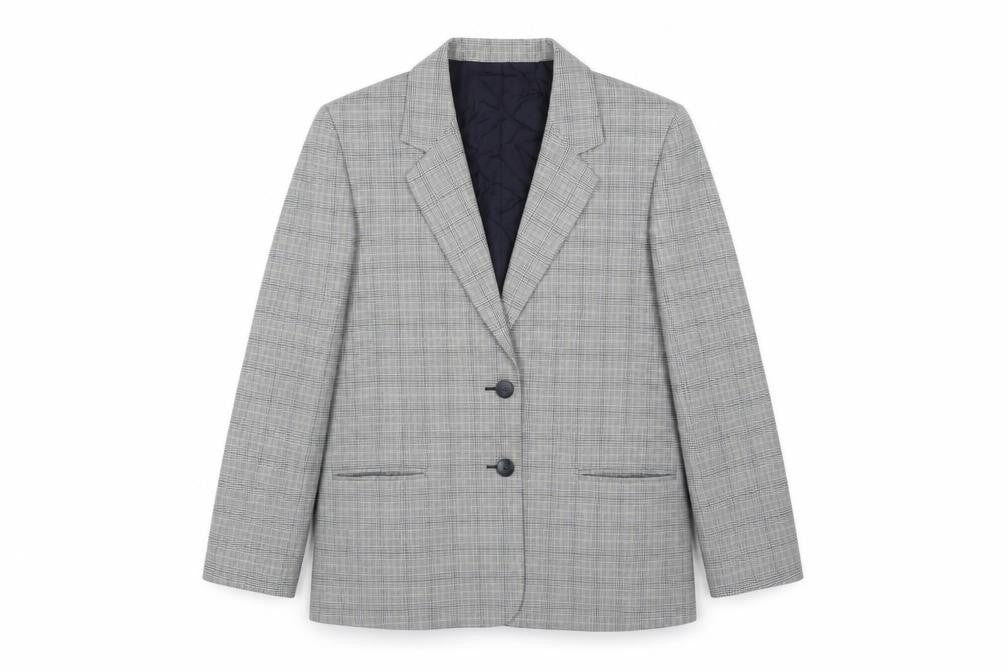 Front view of BHS women’s blue plaid jacket suit jacket, size UK 14