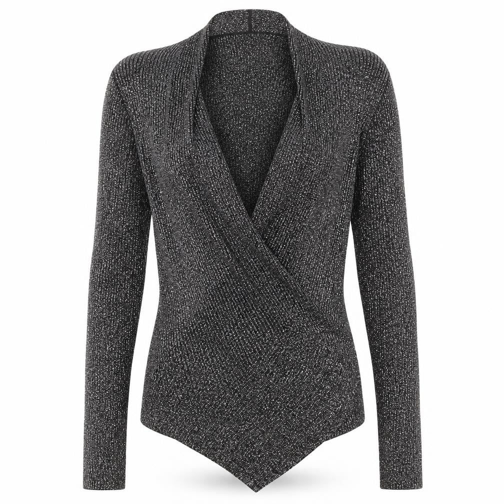 Front view of Miss Selfridge women’s grey wrap jumper, size UK 14