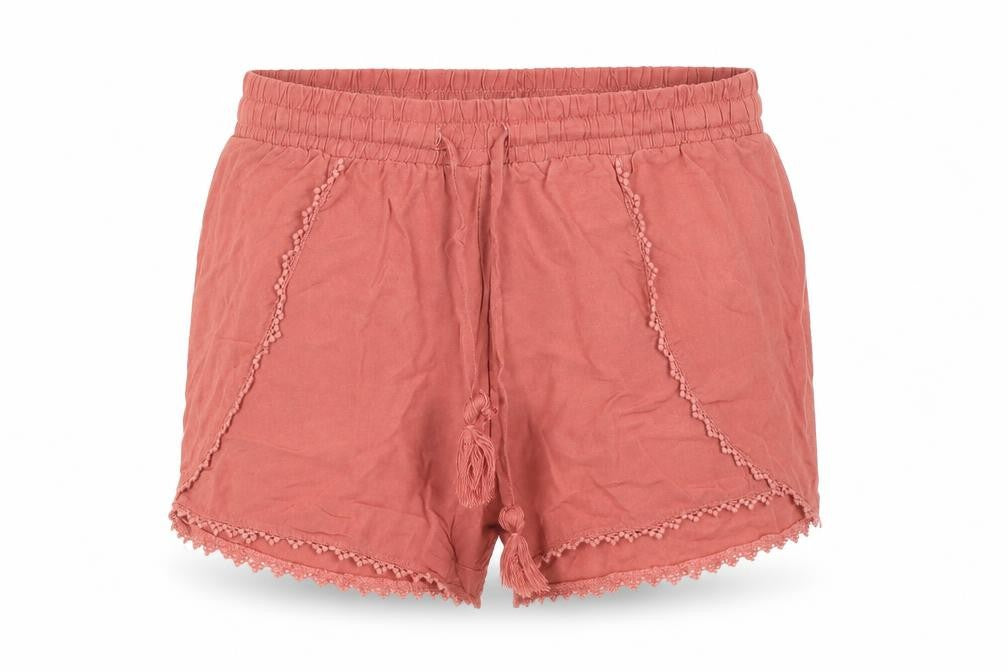 Front view of Atmosphere women’s red cut-off shorts, size UK 8