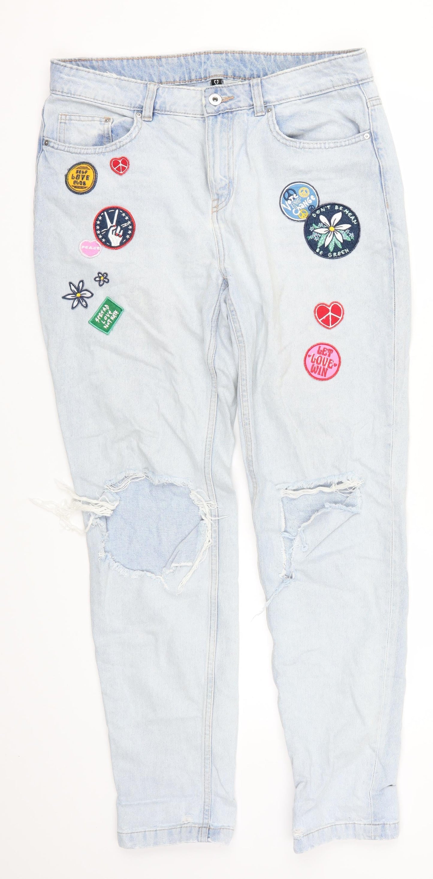 H&M Womens Blue  Denim Straight Jeans Size 10 L29 in - Badges