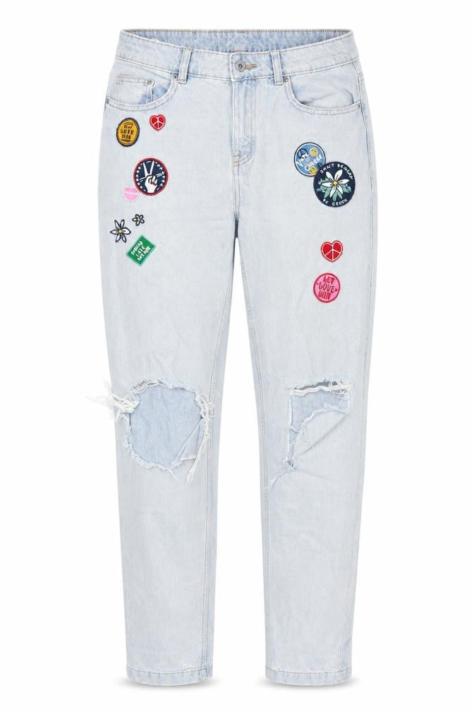 Front view of H&M women’s blue denim straight jeans, size UK 10, 29-inch leg - badges