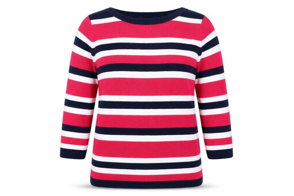 Front view of Papaya women’s pink striped jumper, size UK 12