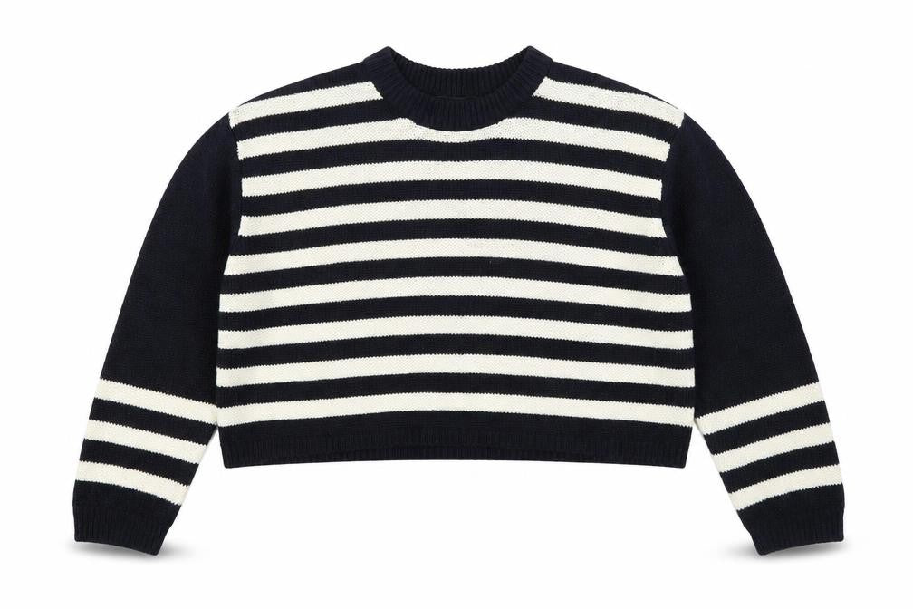 Front view of Topshop women’s blue striped jumper, size UK 8