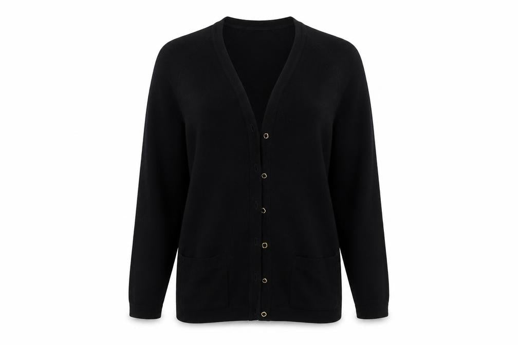 Front view of Holmewood women’s black cardigan jumper, size M