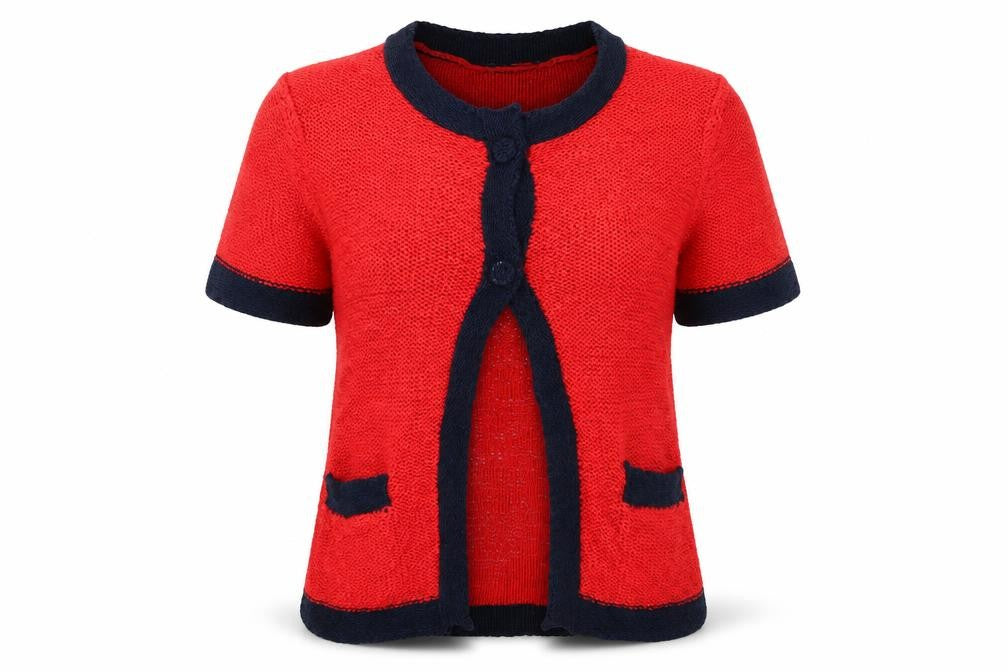 Front view of Long Island women’s red cardigan jumper, size S
