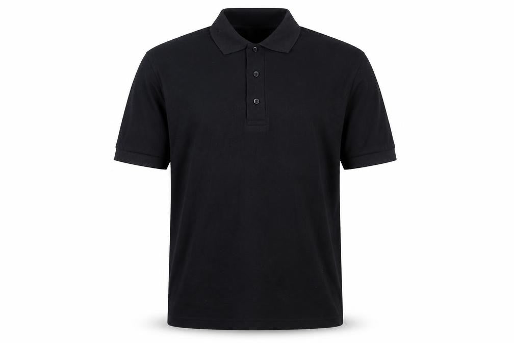 Front view of Banner men’s black polo, size S