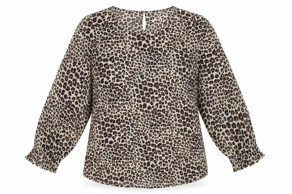 Front view of Preworn women’s beige animal print basic blouse, size UK 10, - leopard print