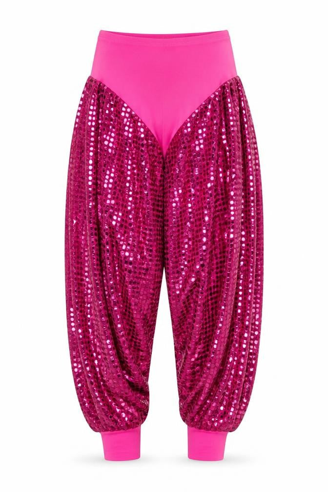 Front view of Danse Dezines girls’ pink harem trousers