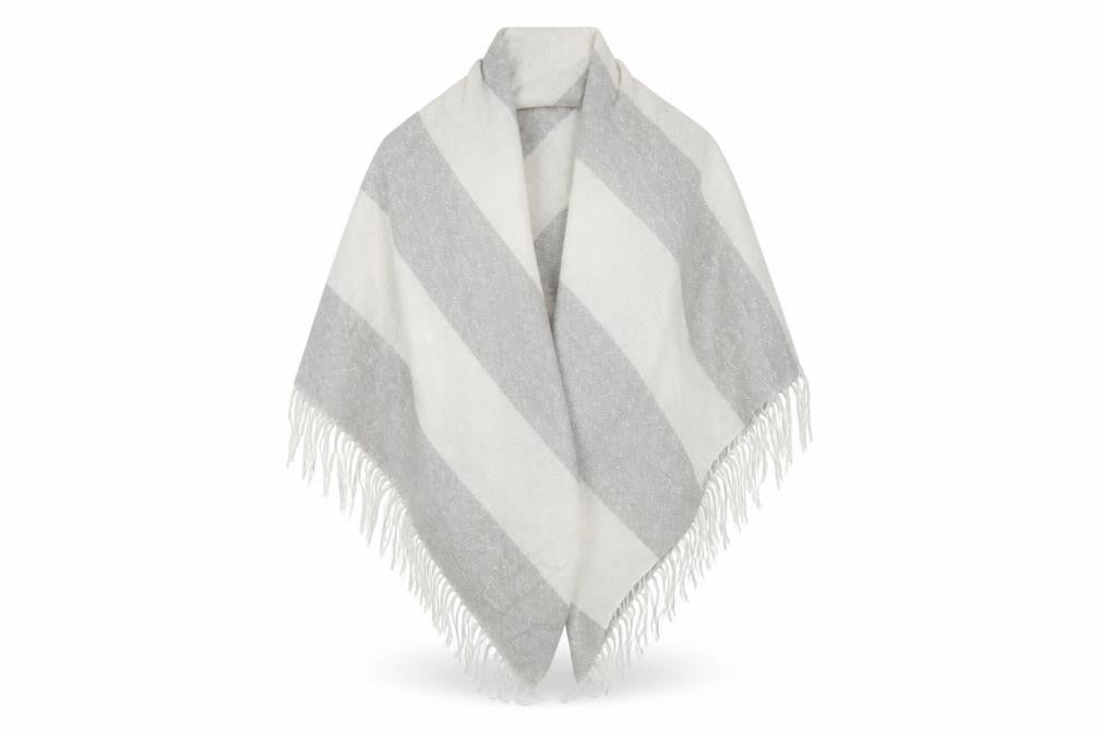 Front view of Preworn women’s grey striped knit shawl/wrap