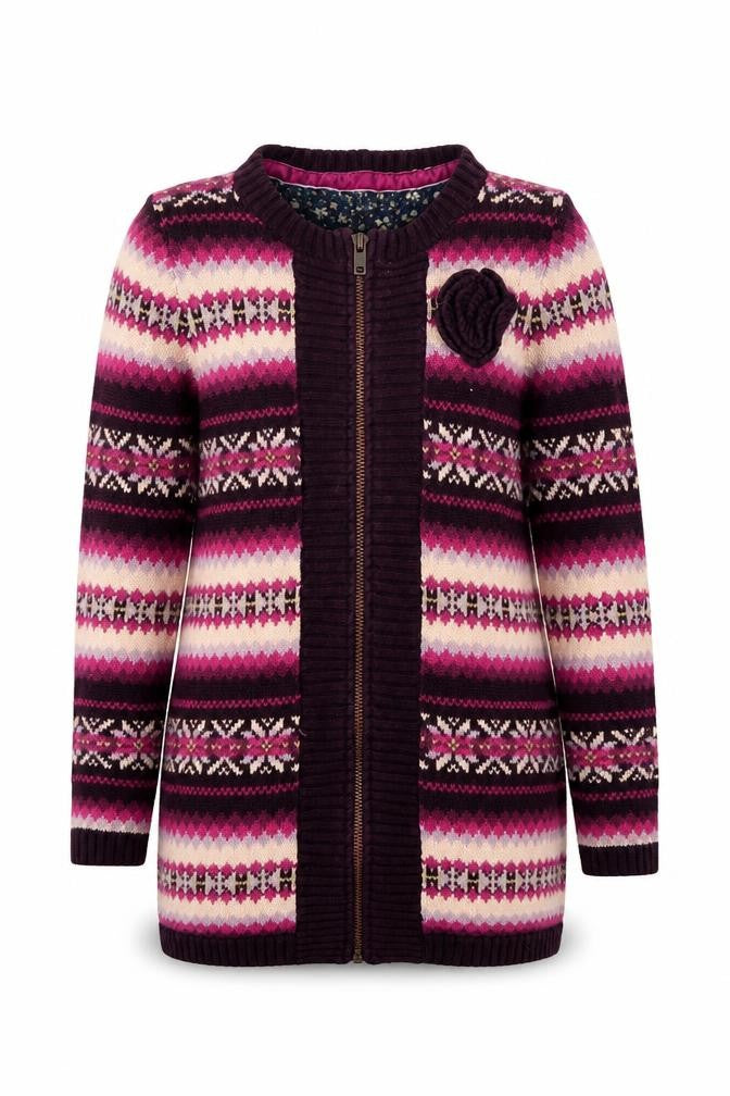 Front view of Maggie & Zoe girls’ pink fair isle knit overcoat coatigan, size 7, years