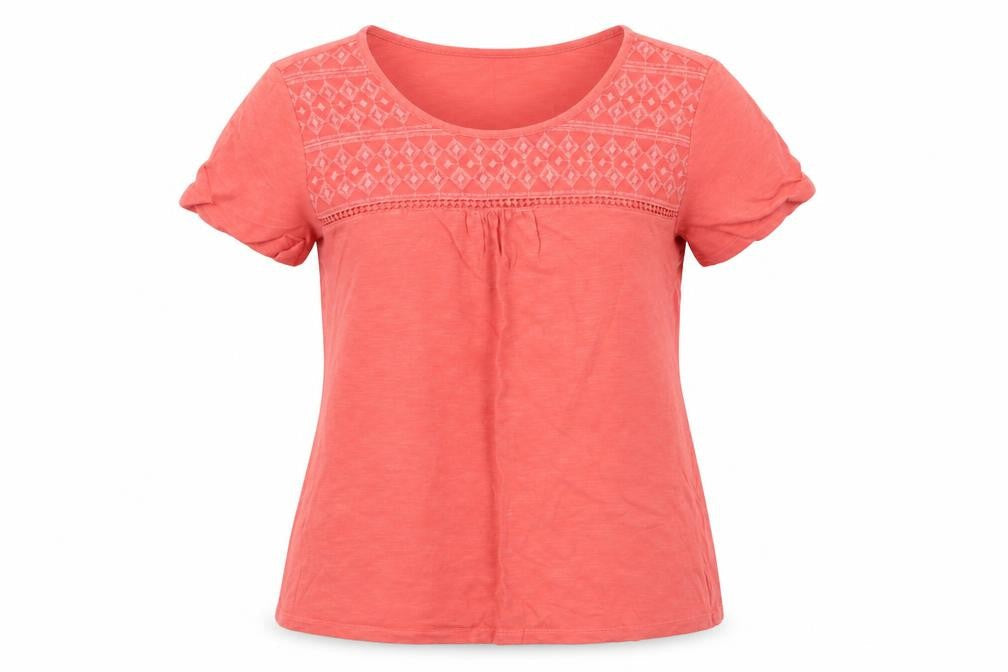 Front view of Bonmarché women’s pink geometric basic t-shirt, size UK 14
