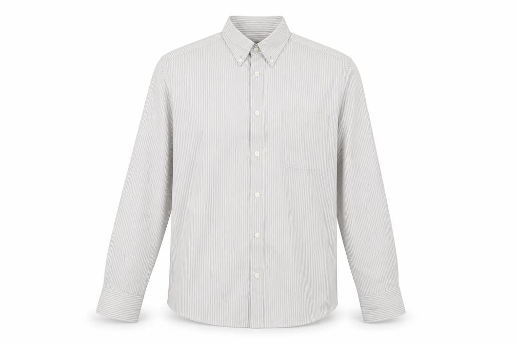 Front view of Marks & Spencer men’s brown striped button-up, size M