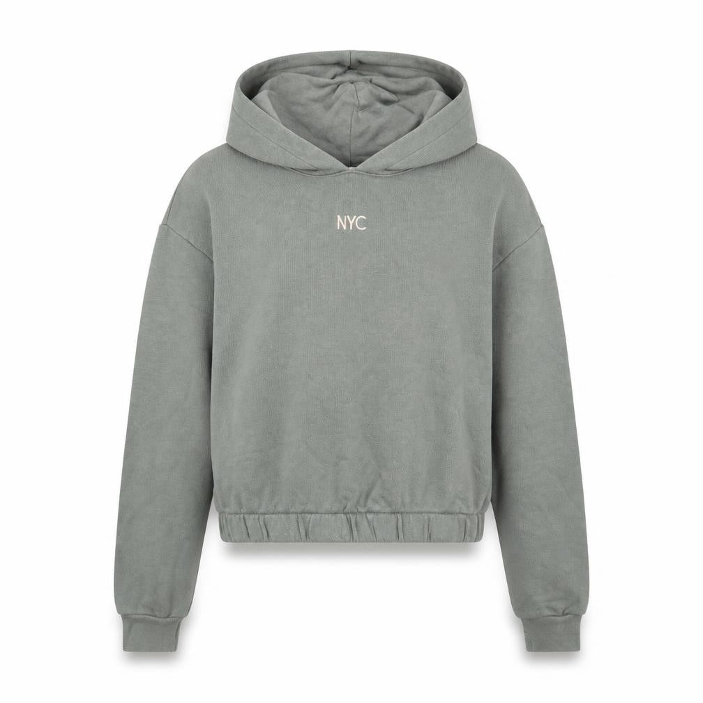 Front view of H&M girls’ green jersey pullover hoodie, size 10-11, years - nyc cropped