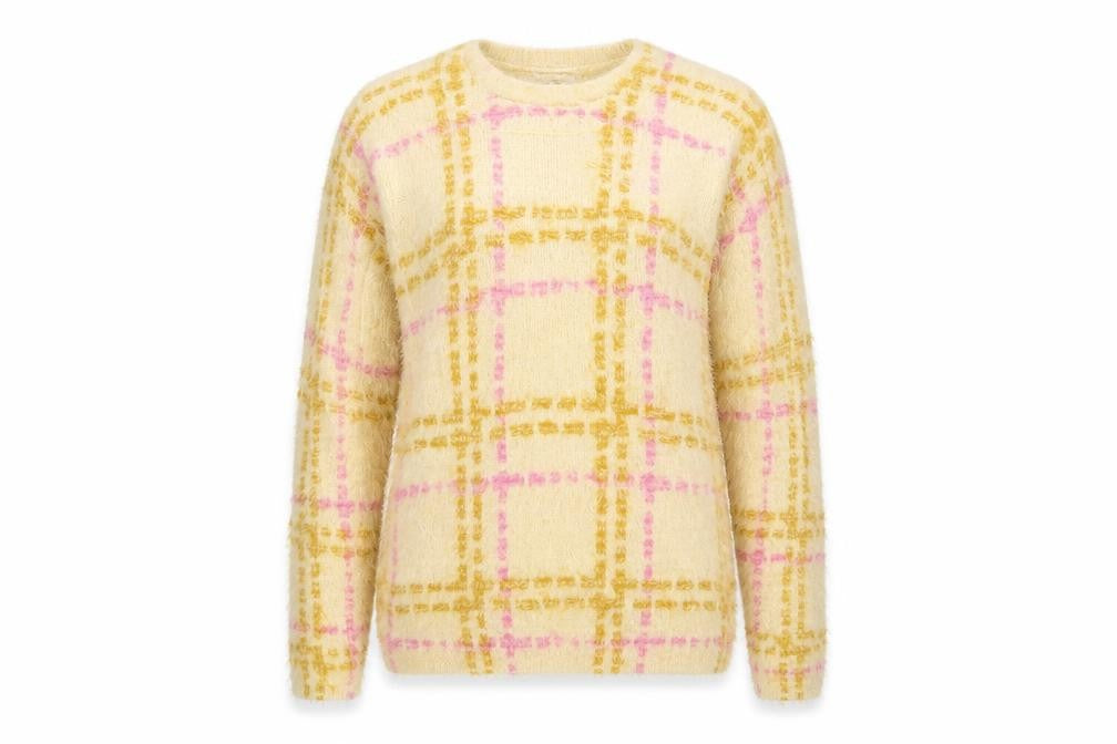 Front view of Miss Selfridge women’s beige check jumper, size UK 10