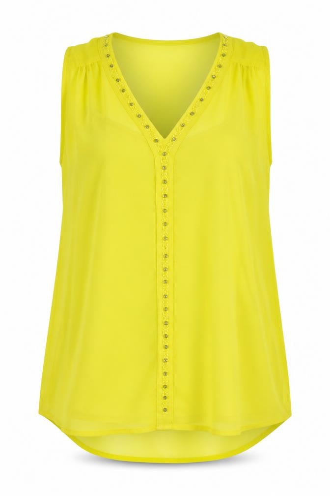 Front view of Simply Stock Shop women’s yellow basic blouse, size UK 14, - vest attached