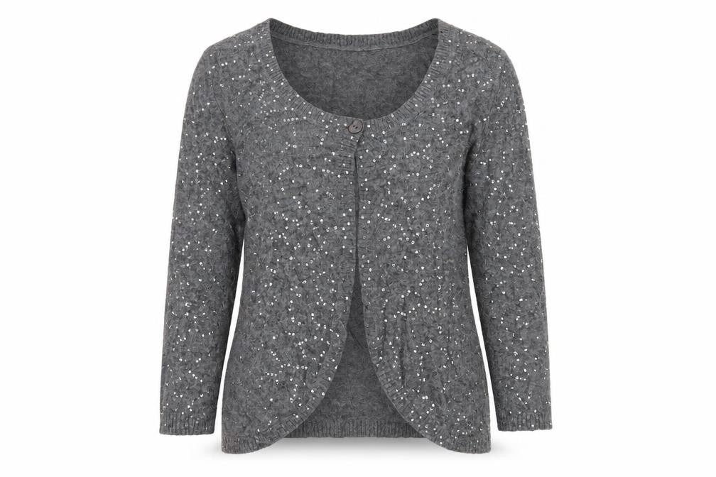Front view of Per Una women’s grey cardigan jumper, size UK 12