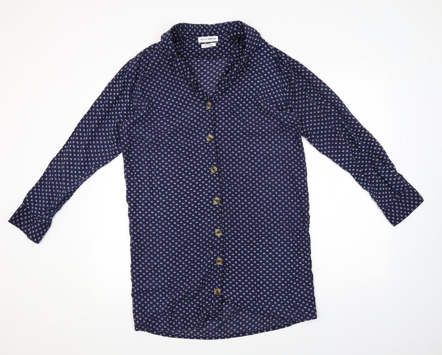 Native Youth Womens Blue Polka Dot  Basic Button-Up Size S