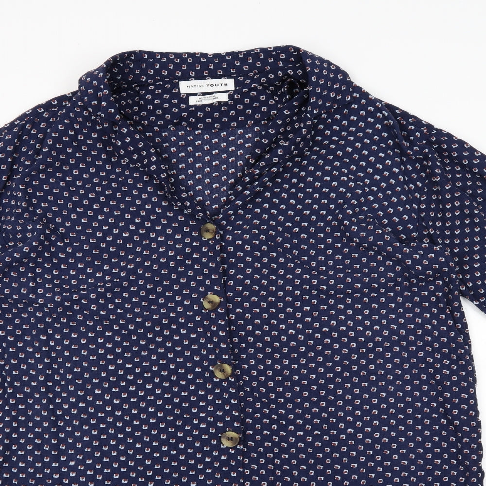 Native Youth Womens Blue Polka Dot  Basic Button-Up Size S
