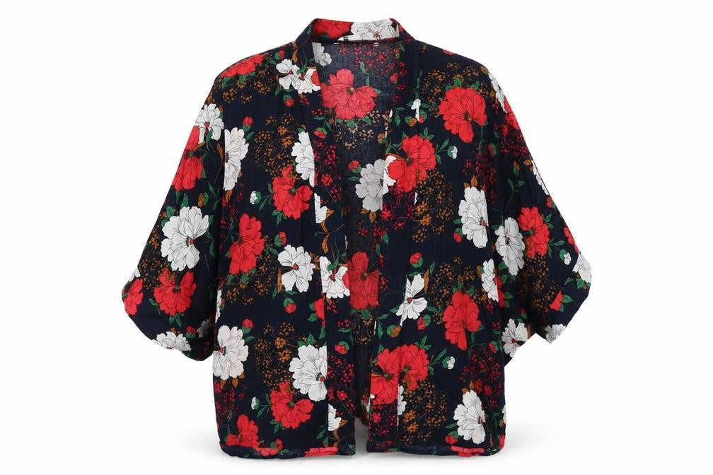 Front view of Yumi women’s blue floral wrap jumper, size S