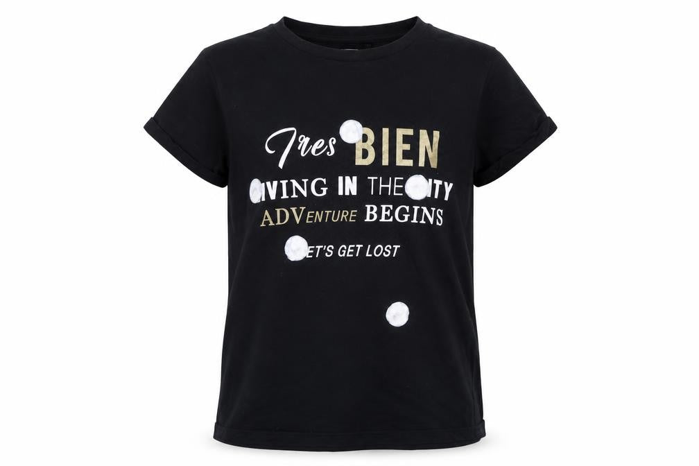 Front view of rivber island girls’ black basic t-shirt, size 9-10, years - adventure graphic
